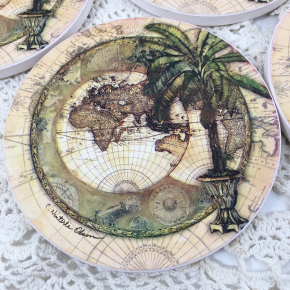 Sold- World Map & Palm Tree Coaster Set Absorbent Stone Dolomite Olson - Picture 2 of 5